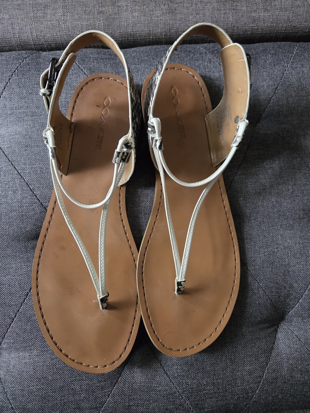 Coach White T-Strap Leather Sandals with Tan Footbed